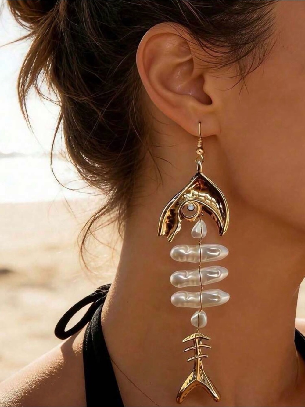 Gold and White Pearl Fishbone Drop Earrings